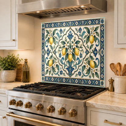 Close-up of vibrant lemon tile design on a heat-resistant glass backsplash