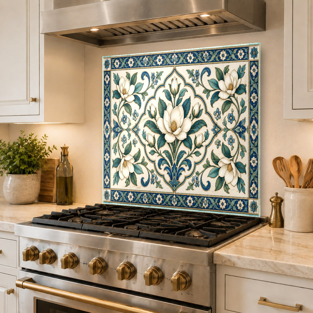 Custom glass backsplash panel reflecting light in a luxury kitchen