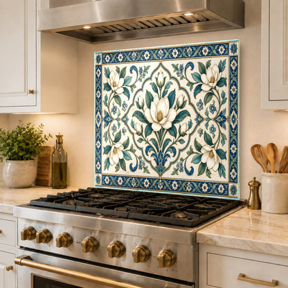 Custom glass backsplash panel reflecting light in a luxury kitchen