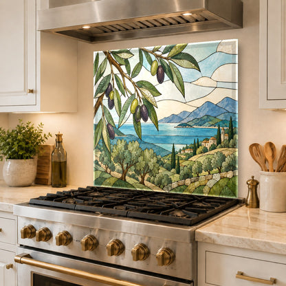 Glossy tempered glass kitchen backsplash protecting the main prep area
