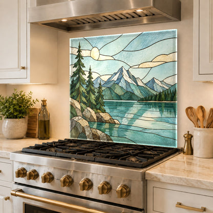 Close-up view of heat-resistant stained glass lake cooktop backsplash panel