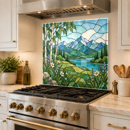 Close up of vibrant UV printed botanical details on a kitchen glass backsplash