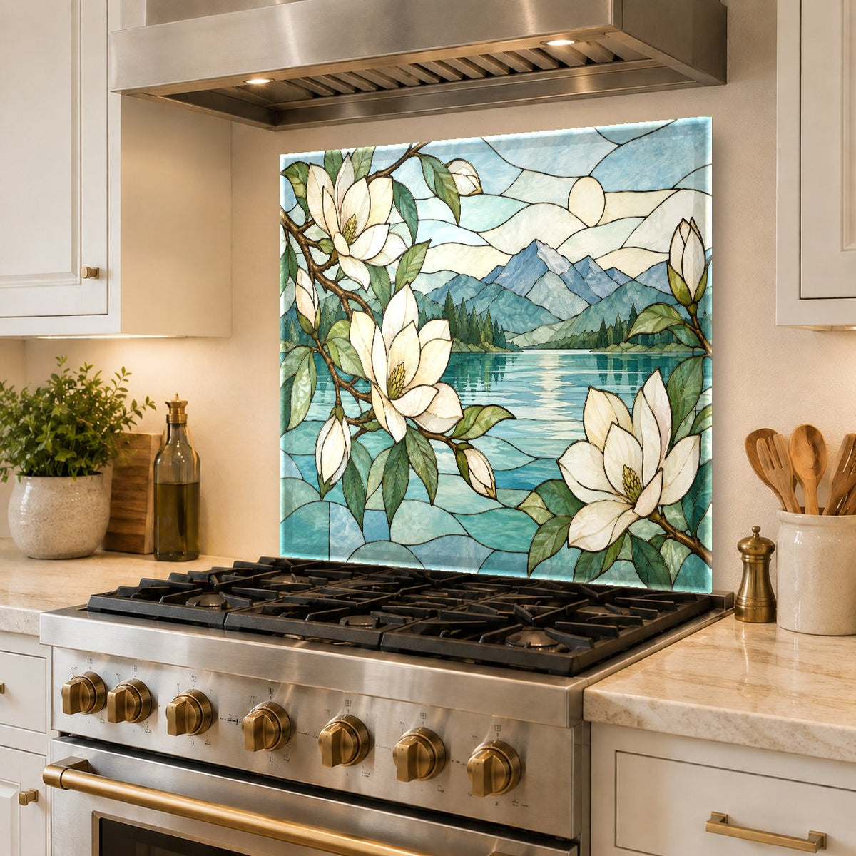 Magnolia Stained glass kitchen panel installed on a kitchen island wall