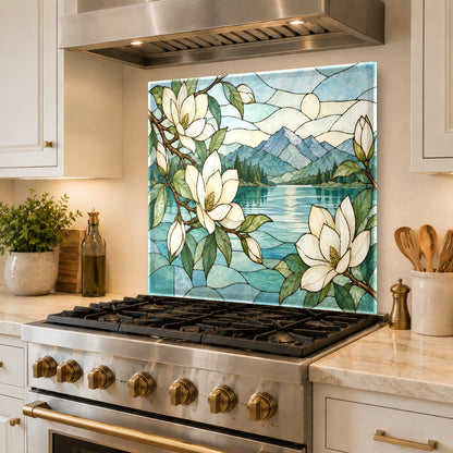 Magnolia Stained glass kitchen panel installed on a kitchen island wall