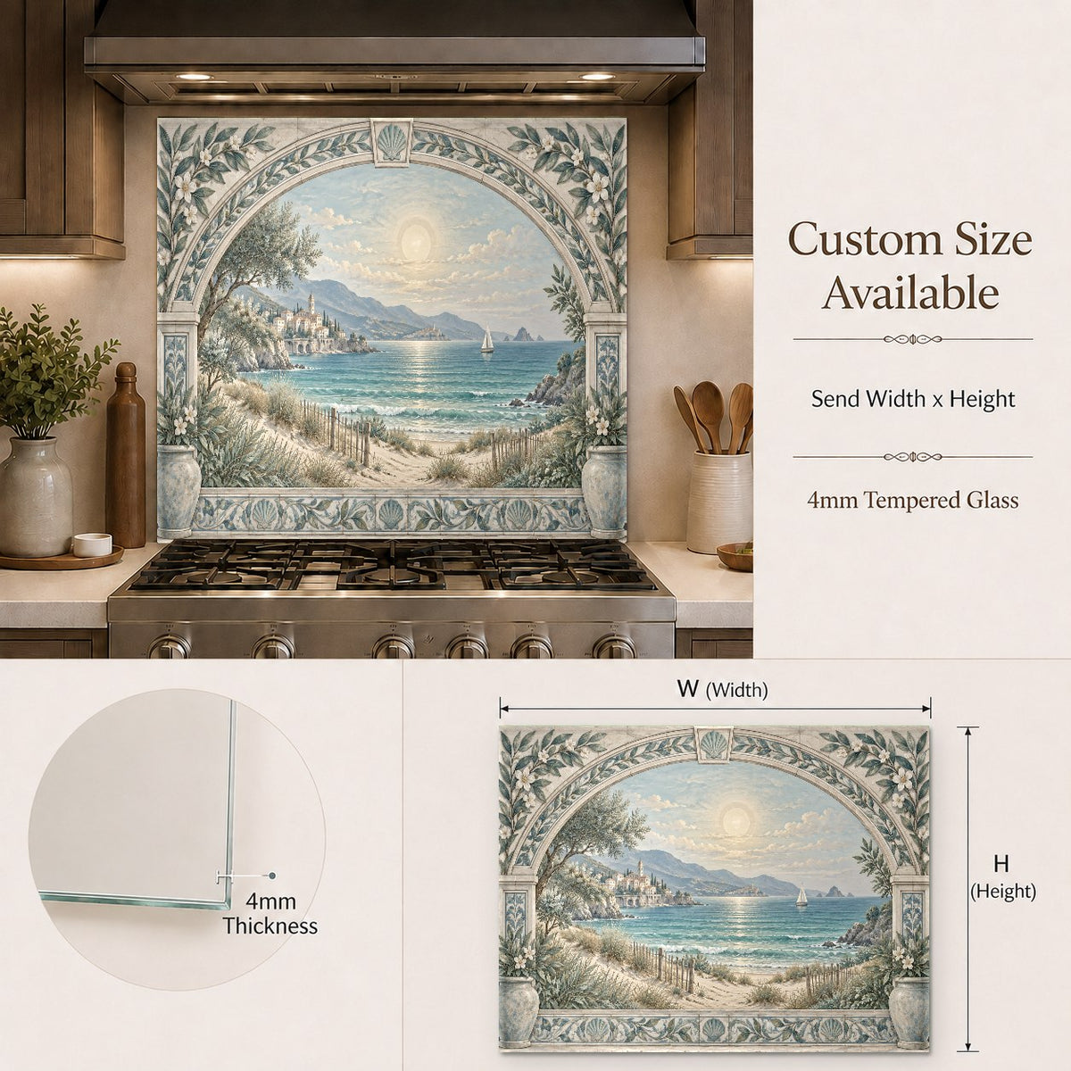Beautiful blue ocean and stone archway glass backsplash accenting a luxury home bar counter area.