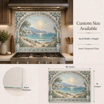 Beautiful blue ocean and stone archway glass backsplash accenting a luxury home bar counter area.