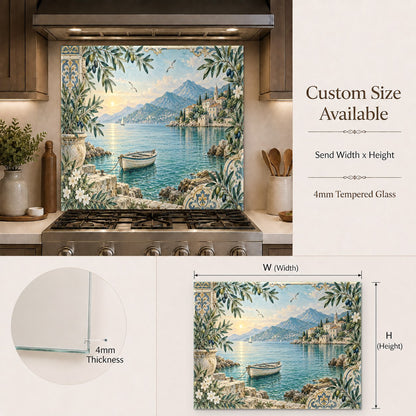Durable glass kitchen backsplash panel with lake house boat scene installed behind a dual-fuel range.