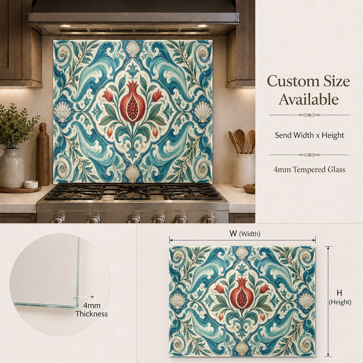 Custom size tempered glass backsplash behind a kitchen island cooking range