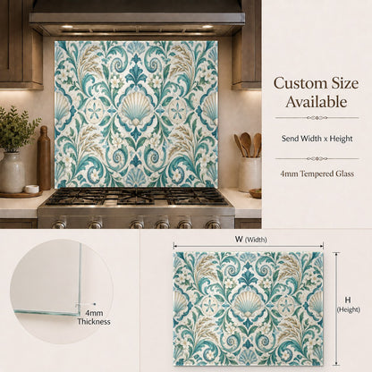 Modern home bar featuring a decorative seashell damask glass backsplash behind the sink and bottle display.