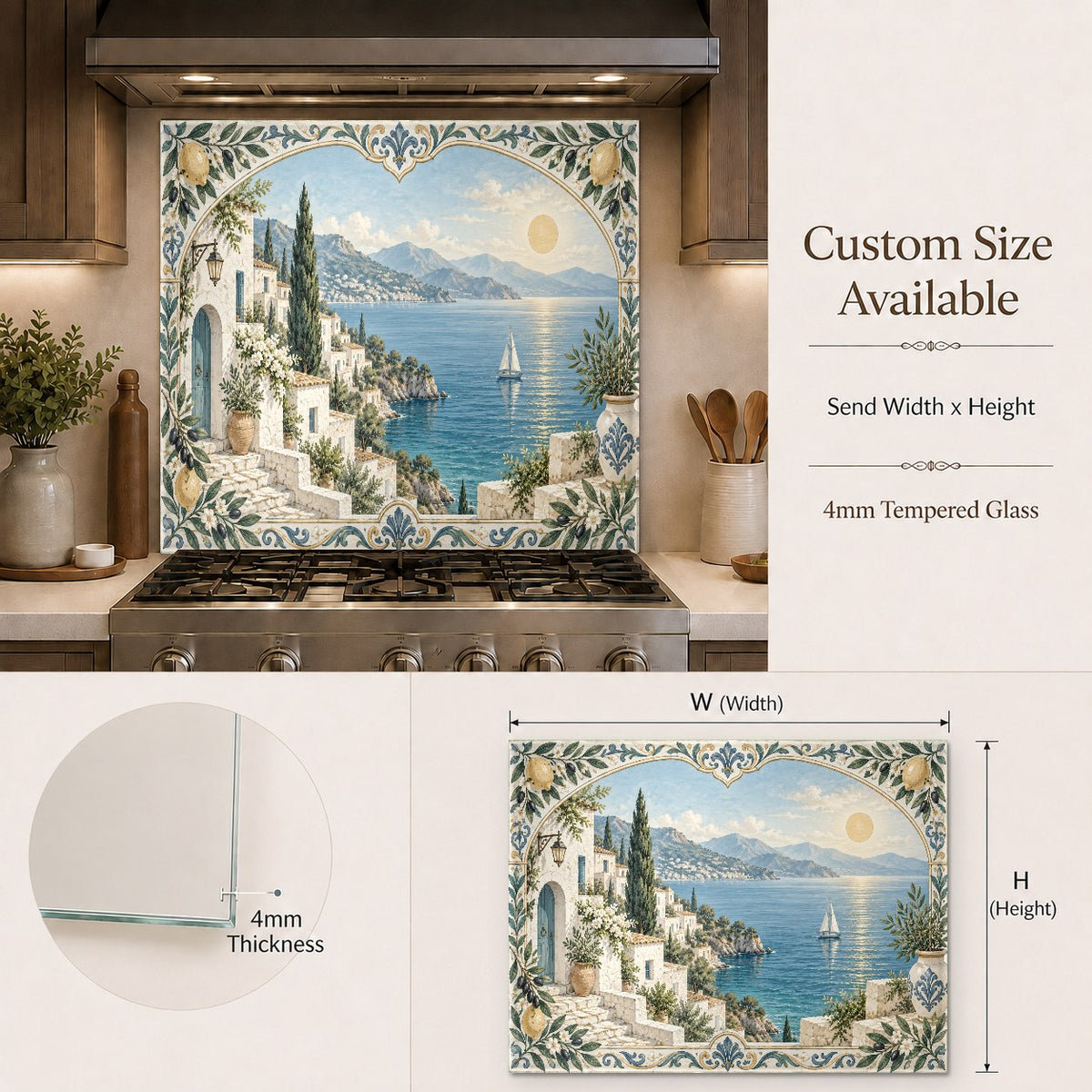 Scenic Italian coast glass backsplash panel in a luxury home bar area.
