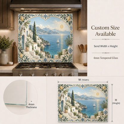 Scenic Italian coast glass backsplash panel in a luxury home bar area.