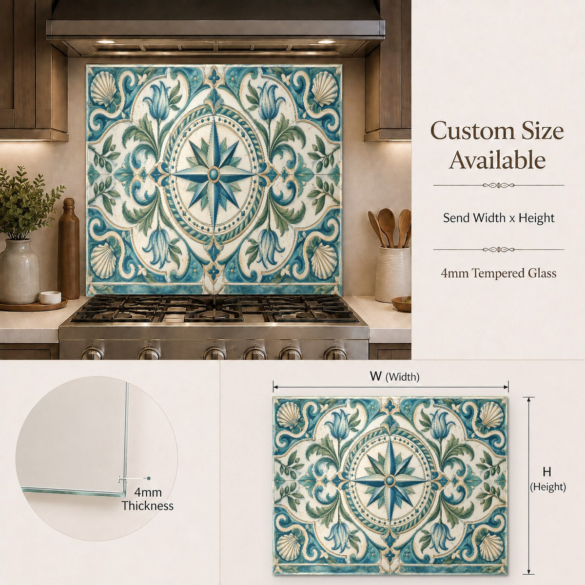 Durable and easy-to-clean glass kitchen backsplash with a beautiful nautical compass emblem behind a cooktop.
