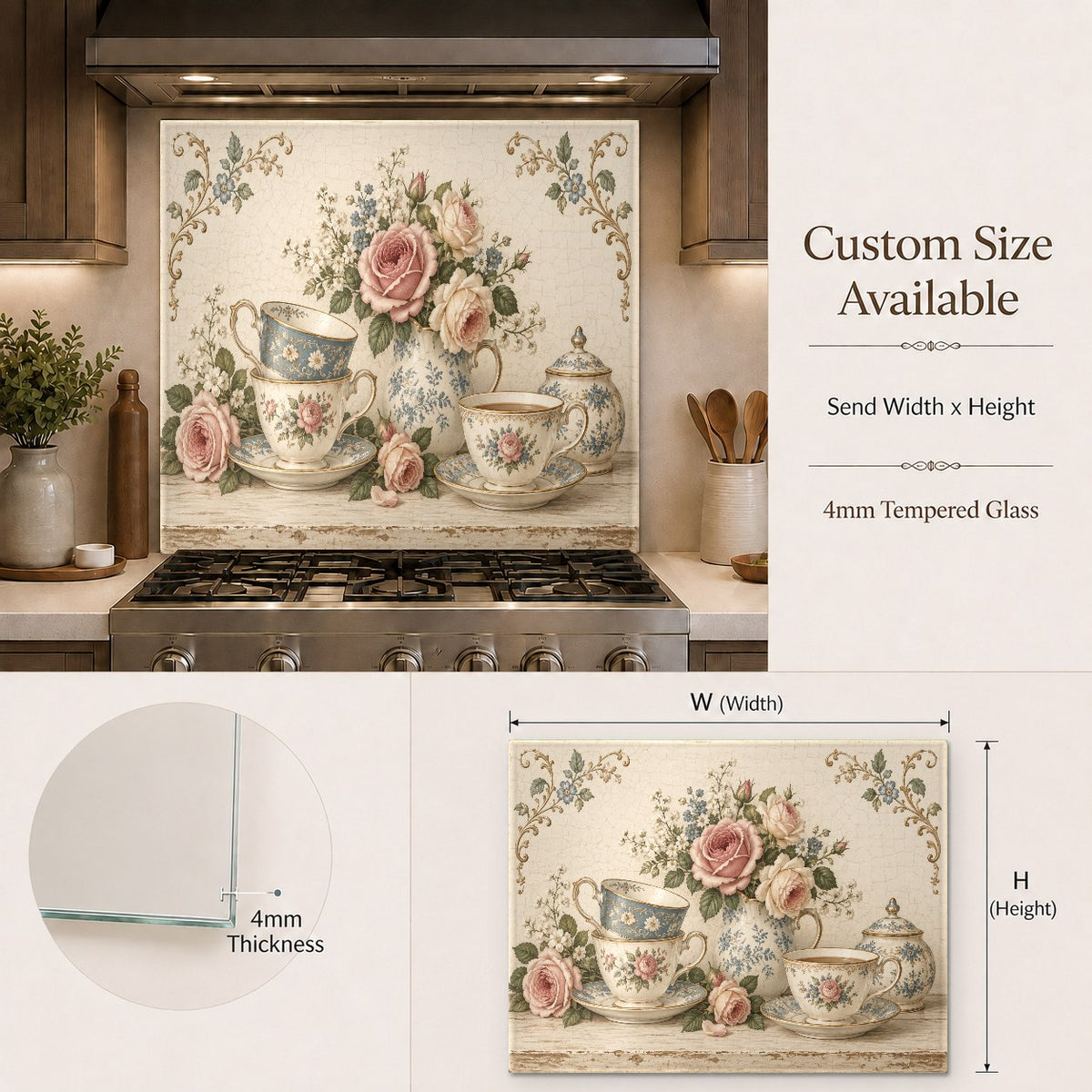 Heat resistant glass backsplash panel with floral teacup design behind range