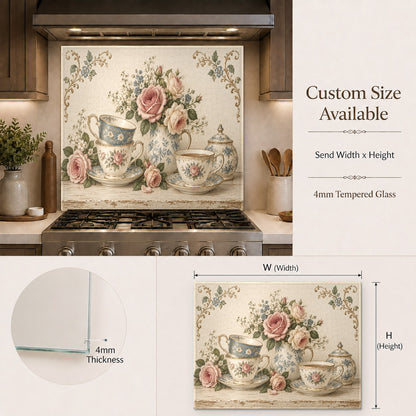 Heat resistant glass backsplash panel with floral teacup design behind range