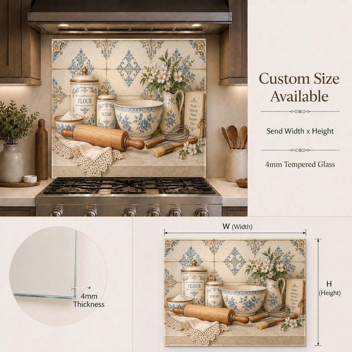 Custom glass backsplash featuring Baking Canisters behind a kitchen range