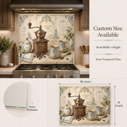 Coffee grinder art glass backsplash panel installed on a kitchen island wall