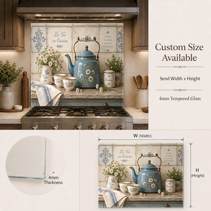 Durable glass backsplash featuring daisy kettle behind modern stove