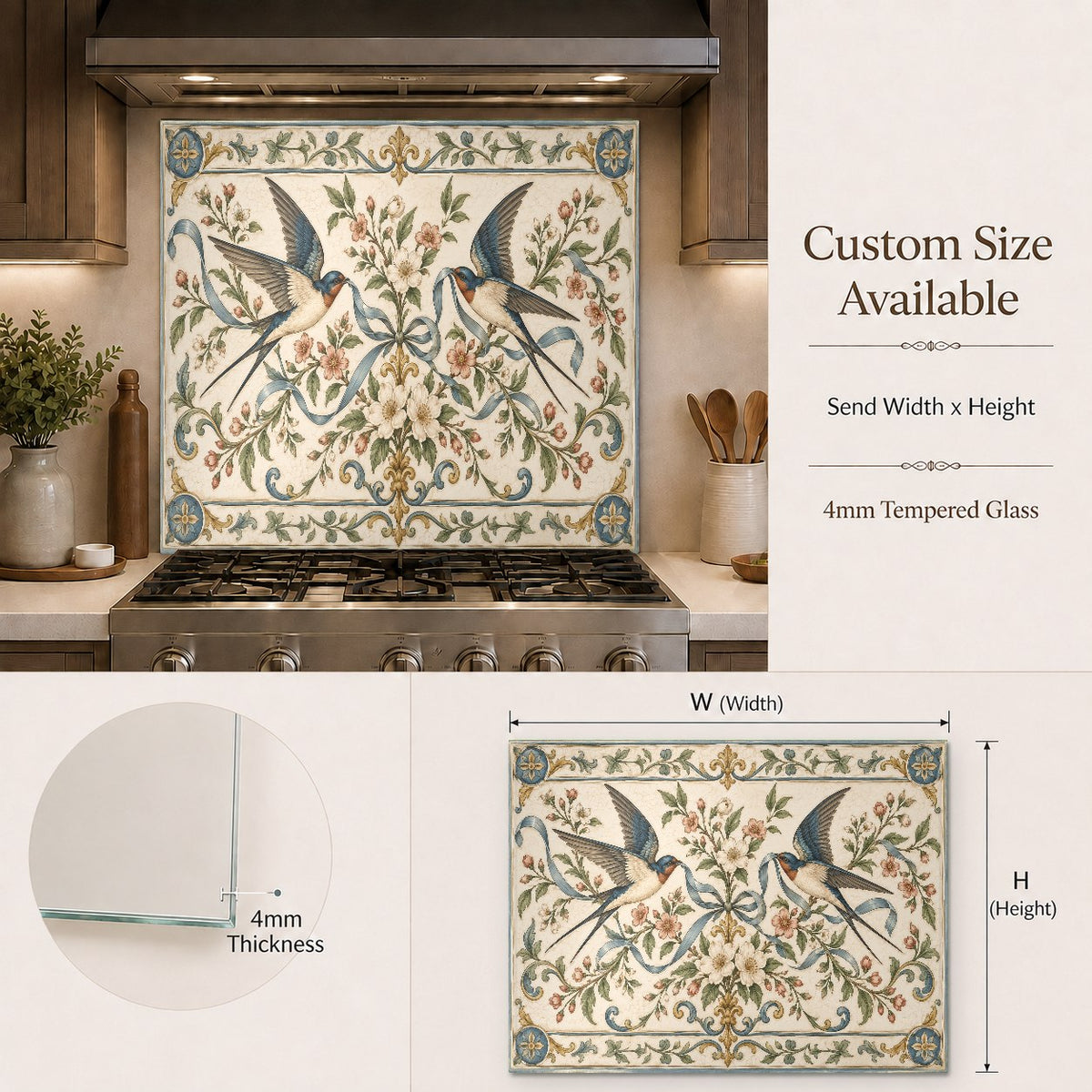 Close-up of Swallow Ribbon high-gloss tempered glass kitchen backsplash panel