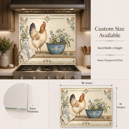Farmhouse chicken stove splash guard installed in a bright country kitchen