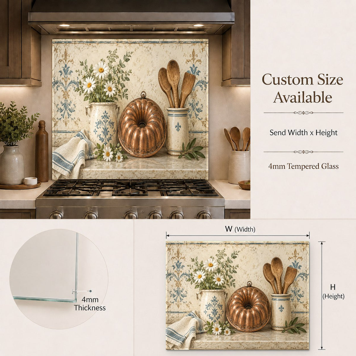 Custom kitchen stove splash guard with copper bundt design