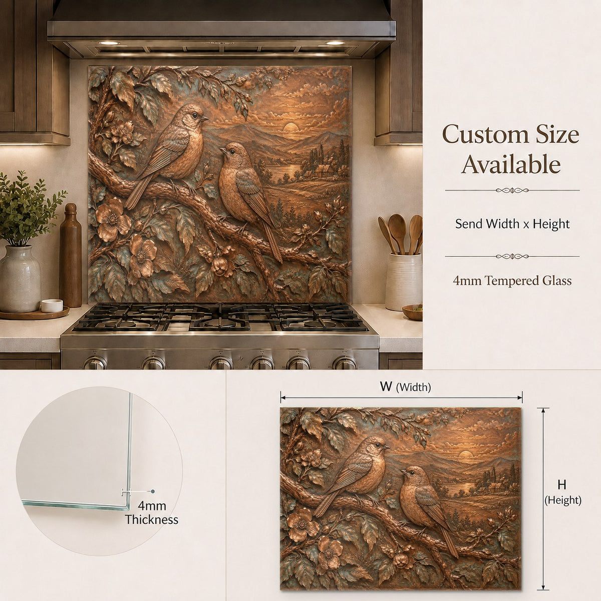 Elegant songbird branch glass backsplash panel installed in a contemporary home bar area