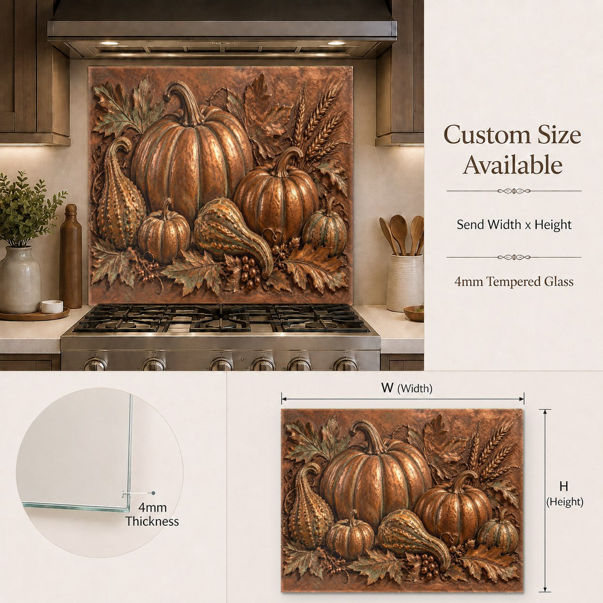 Autumn harvest glass stove splash guard protecting kitchen wall behind stovetop
