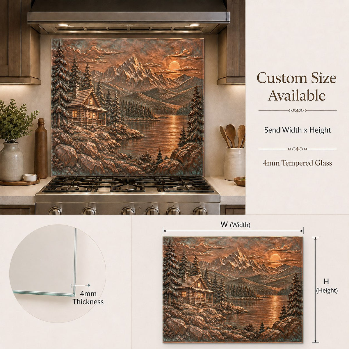 Lakeside landscape glass kitchen backsplash protecting the wall behind the stove