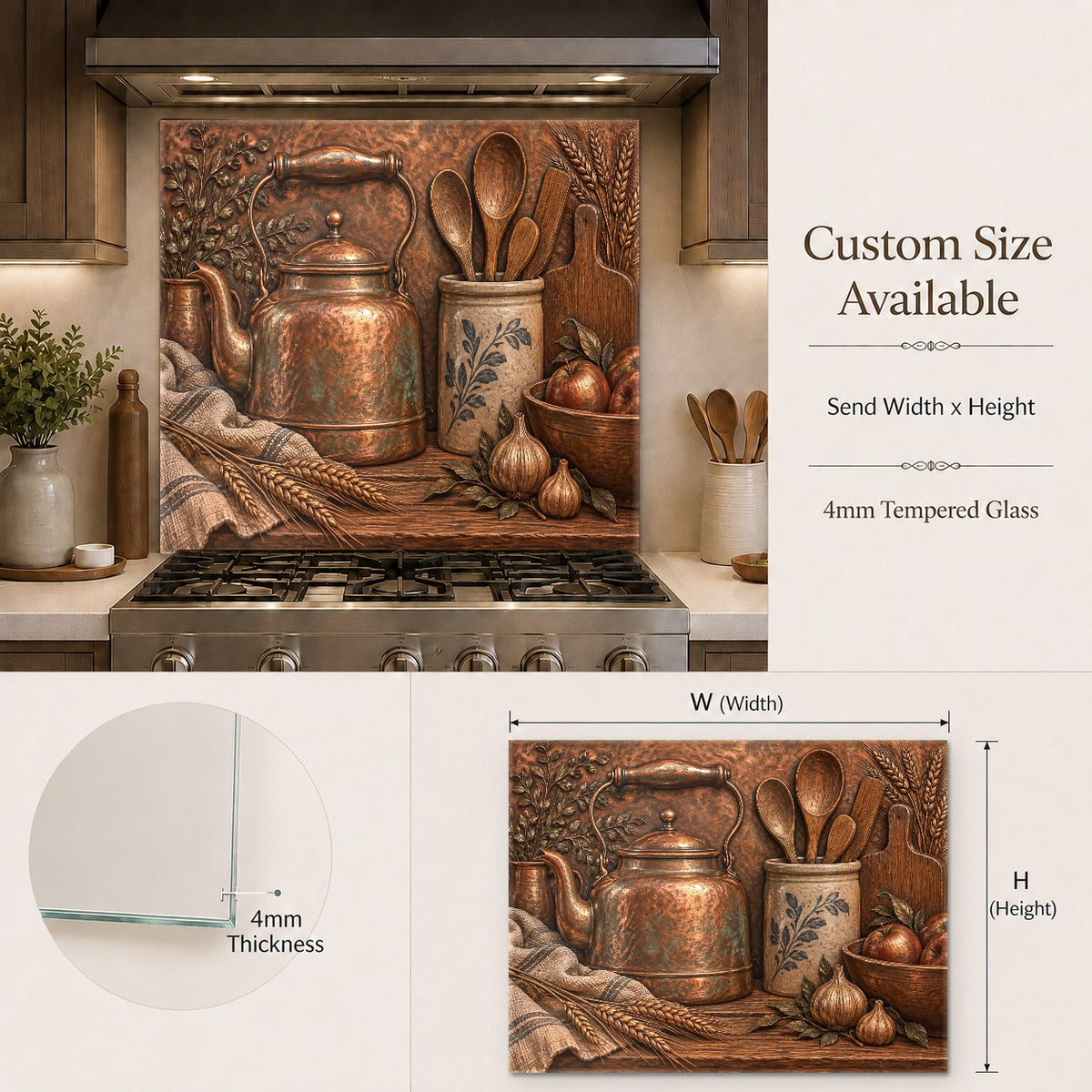Decorative copper kettle glass kitchen panel protecting the wall above an electric stove