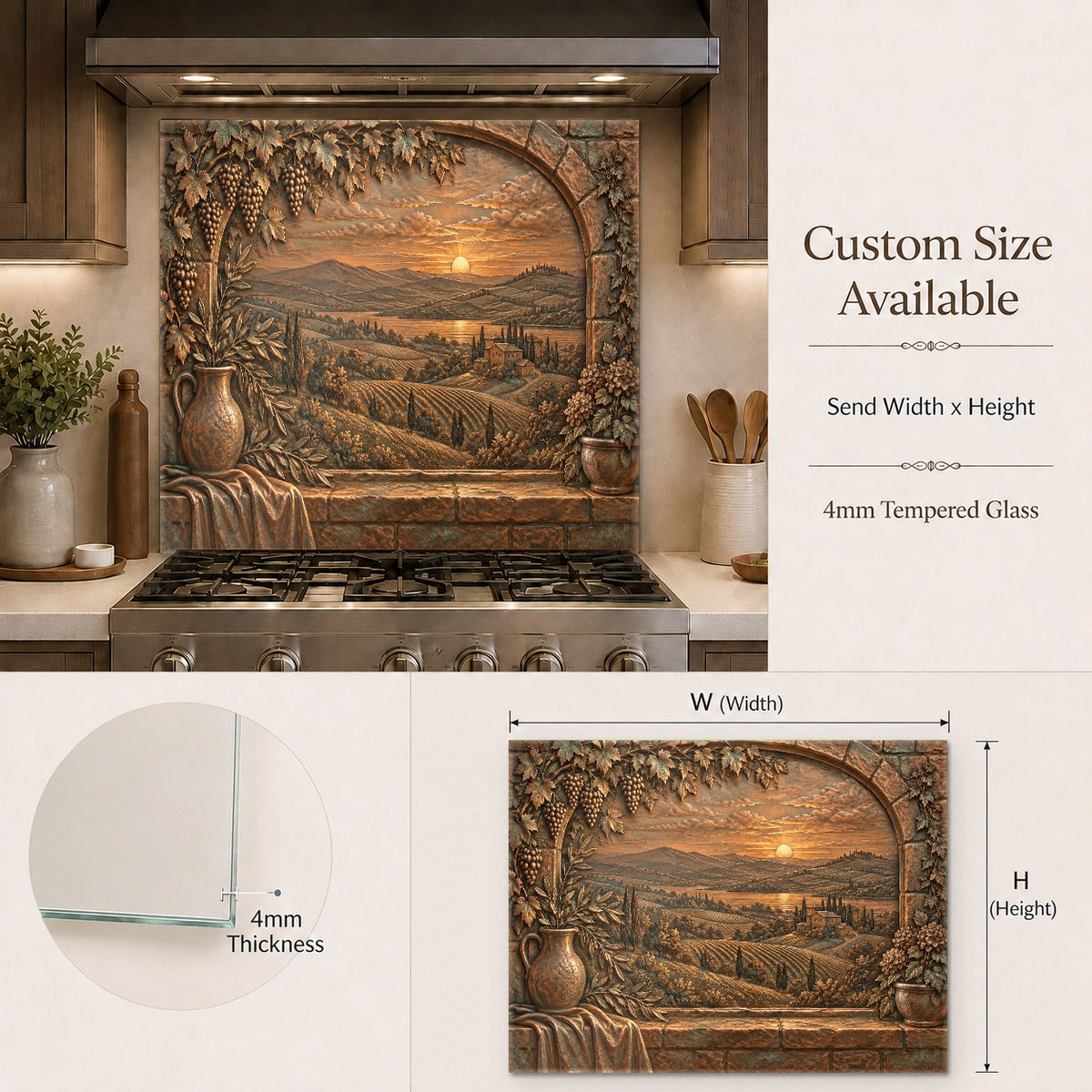 Old-world Italian view glass kitchen panel installed in a modern luxury kitchen