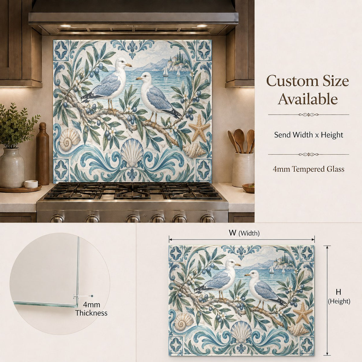 Close-up of the seagull olive design on a heat-resistant kitchen glass panel