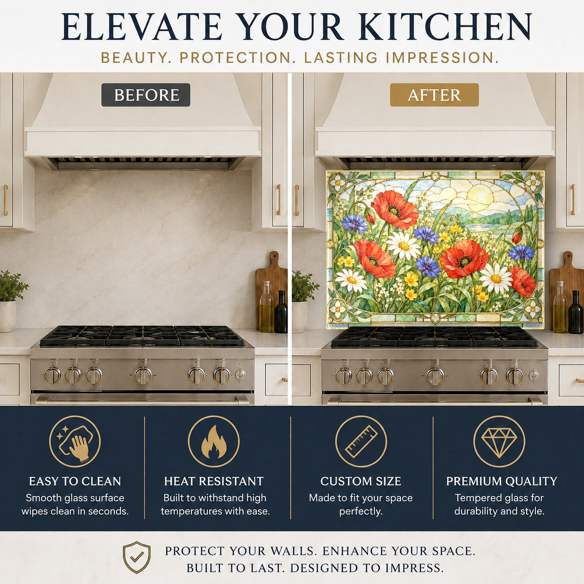 Close-up of poppy meadow glass backsplash panel high gloss finish