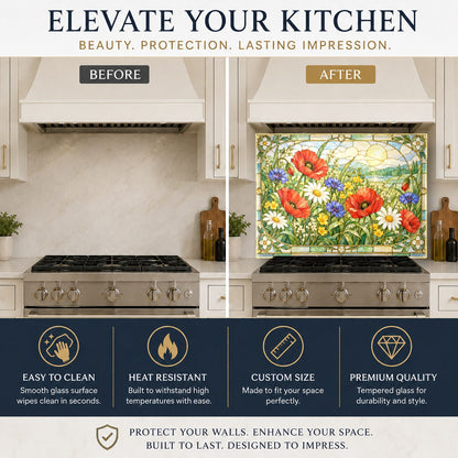 Close-up of poppy meadow glass backsplash panel high gloss finish