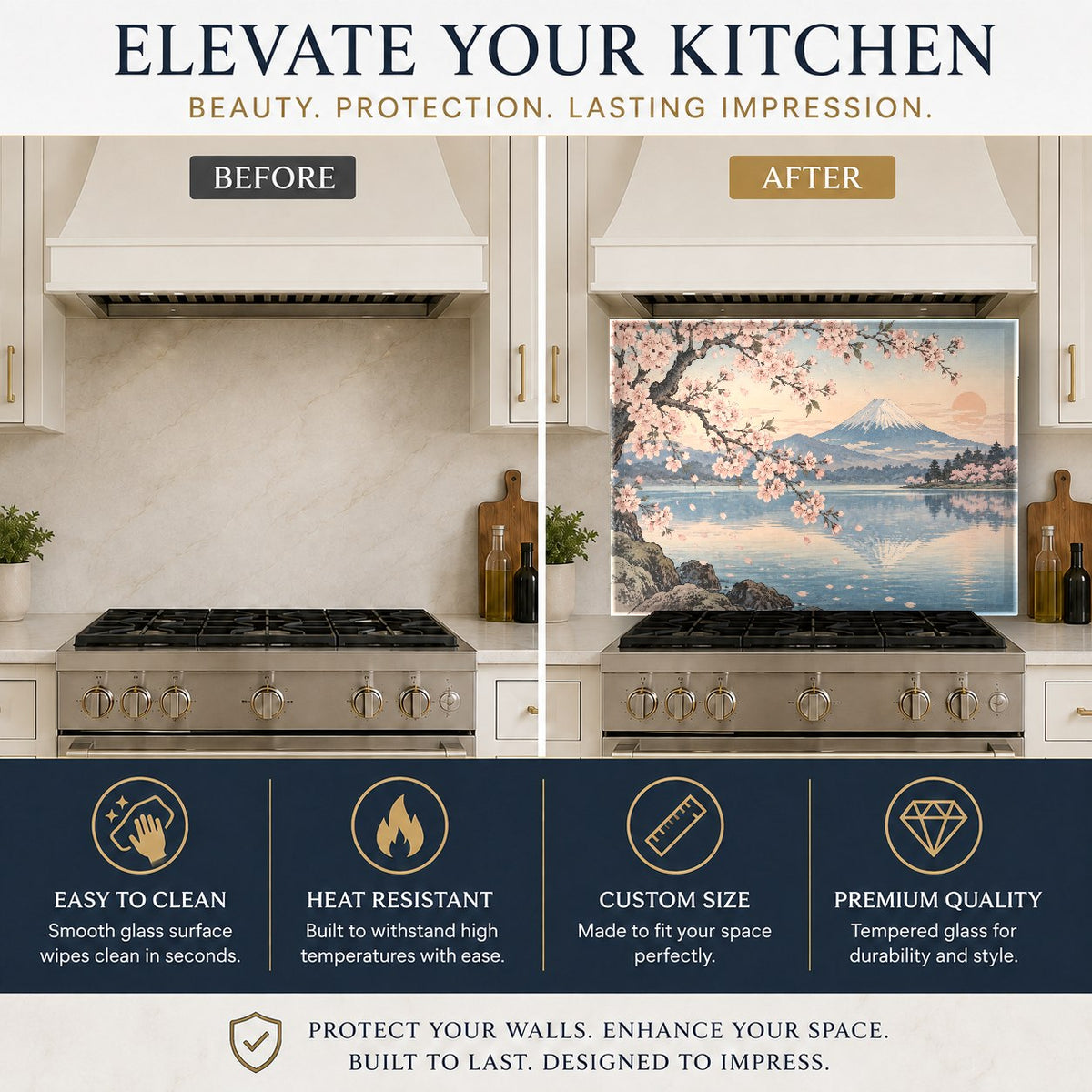 Fuji Blossom heat-resistant glass panel protecting a kitchen wall behind burners