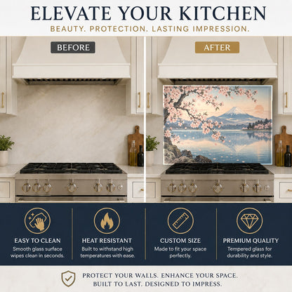 Fuji Blossom heat-resistant glass panel protecting a kitchen wall behind burners