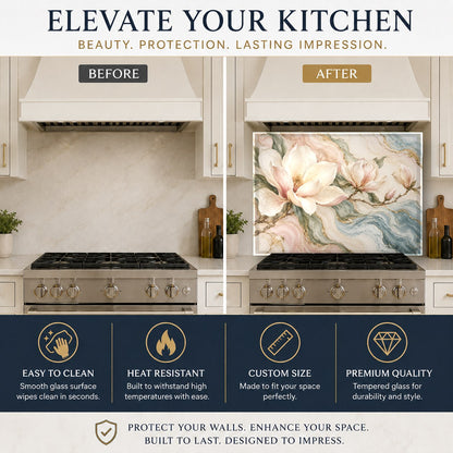 Elegant Marble Magnolia glass backsplash behind a kitchen coffee bar station