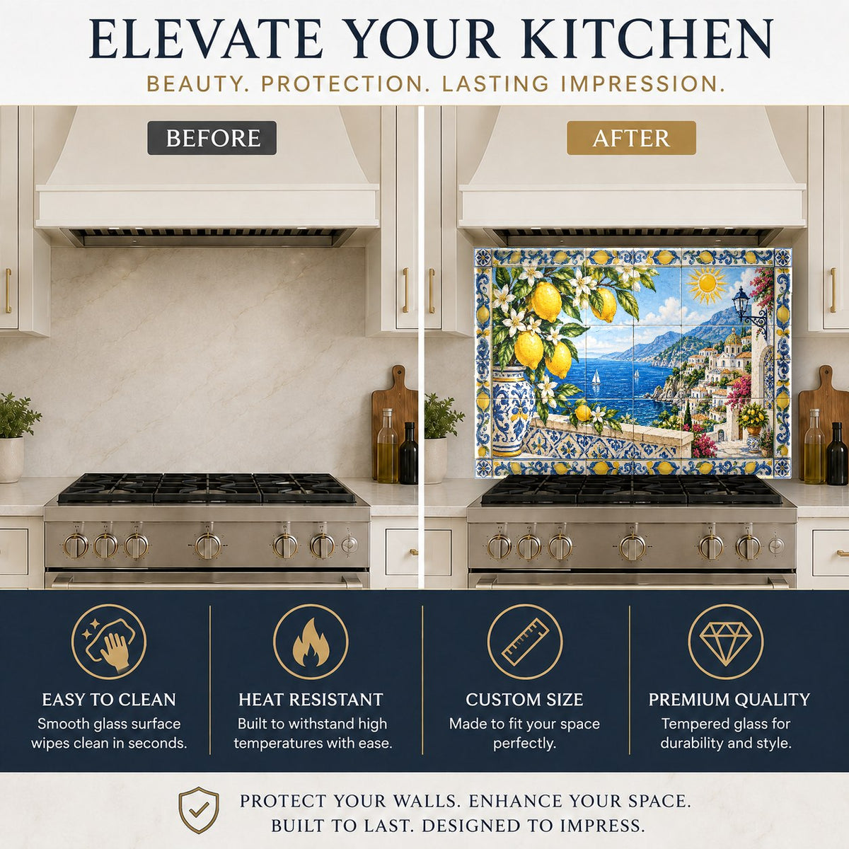 Custom tempered glass kitchen backsplash with yellow lemons behind a professional range
