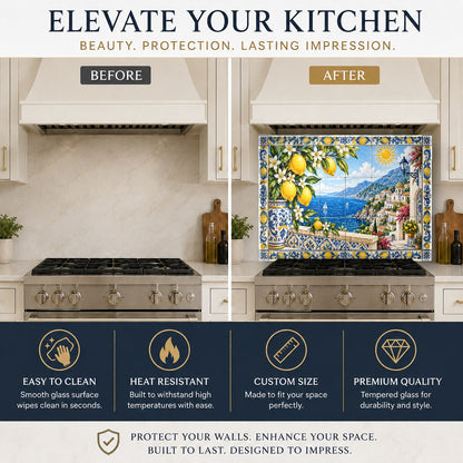 Custom tempered glass kitchen backsplash with yellow lemons behind a professional range