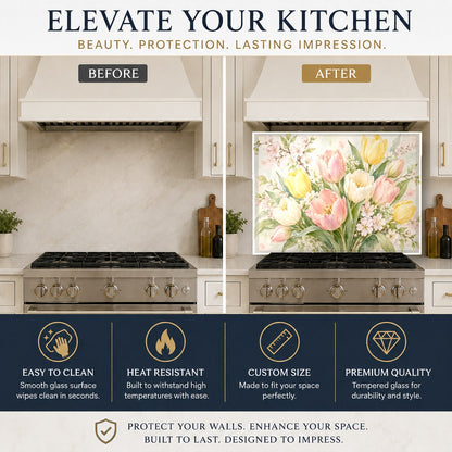 Bright kitchen bar area with custom watercolor tulips glass backsplash