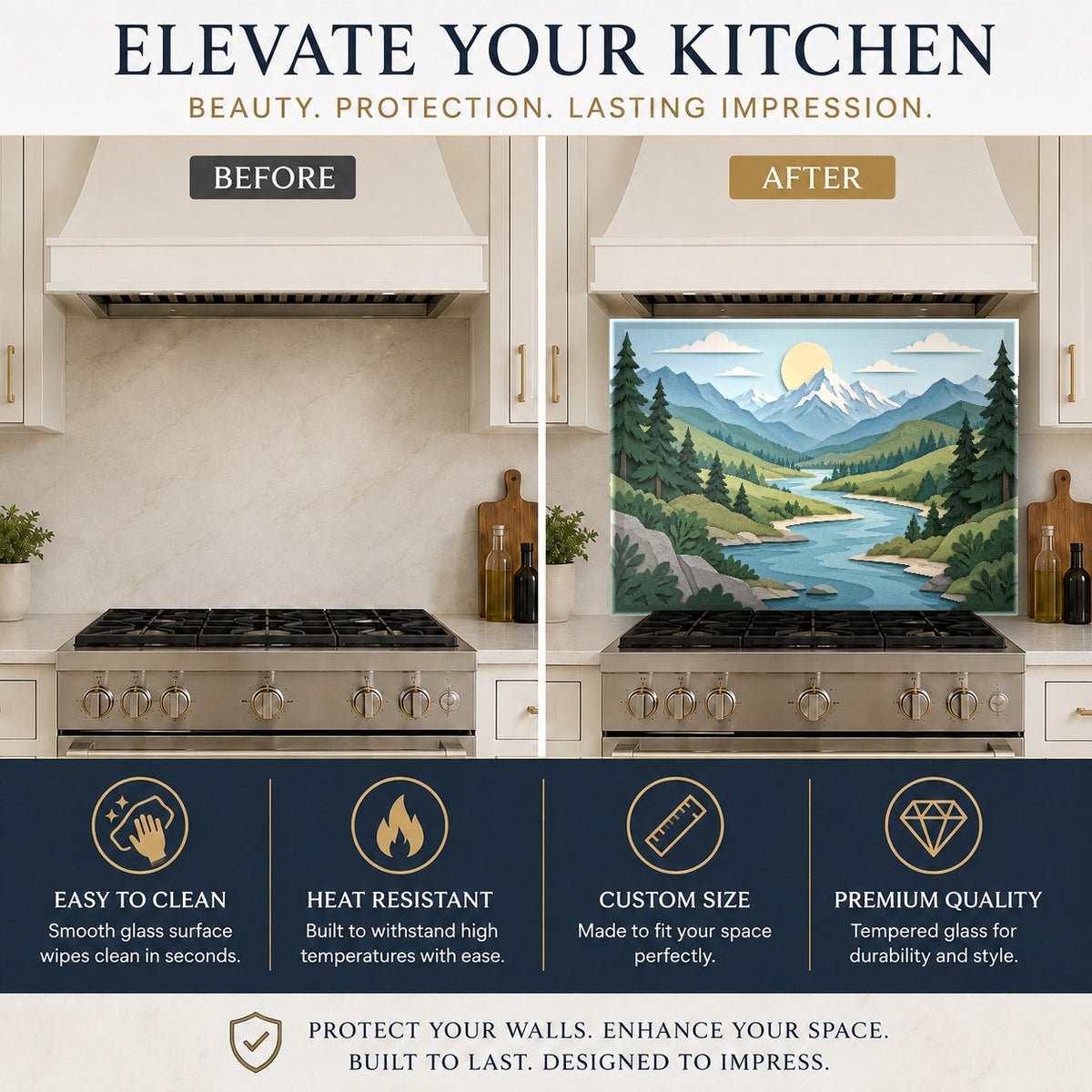 Scenic river glass backsplash panel acting as a stylish stove splash guard