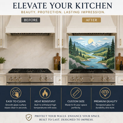 Scenic river glass backsplash panel acting as a stylish stove splash guard