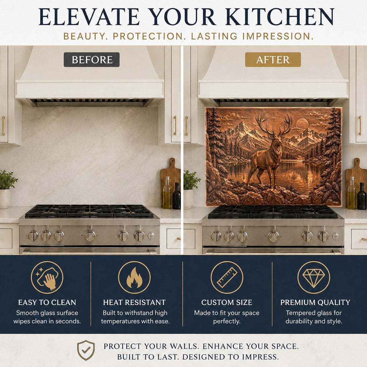 Close-up view of the heat-resistant copper stag glass backsplash