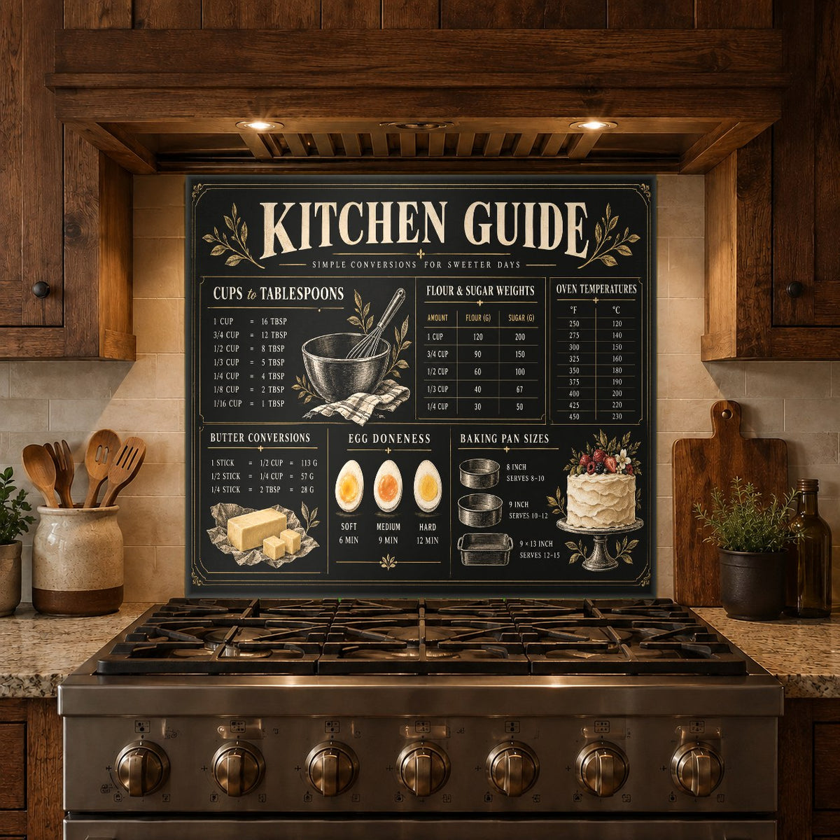 Measurement Conversion Chart tempered glass backsplash behind a kitchen island cooktop