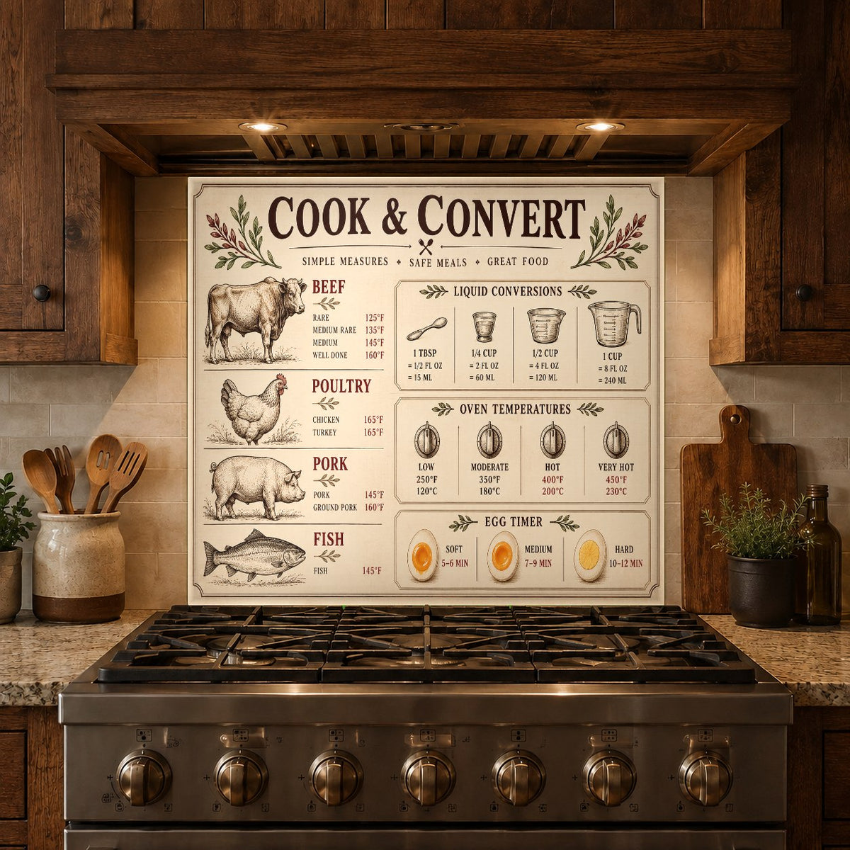 Meat Temperature Chart tempered glass backsplash behind a kitchen island cooktop