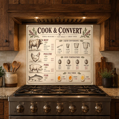 Meat Temperature Chart tempered glass backsplash behind a kitchen island cooktop