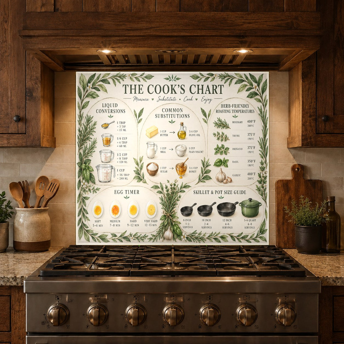 Ingredient Substitution Chart tempered glass backsplash behind a kitchen island cooktop