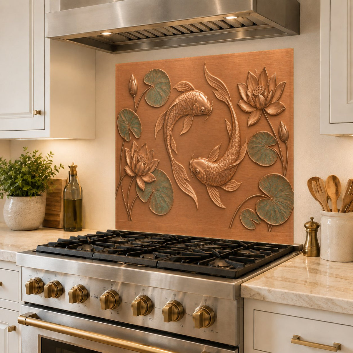 Seamless glass kitchen backsplash panel with koi fish design behind electric range