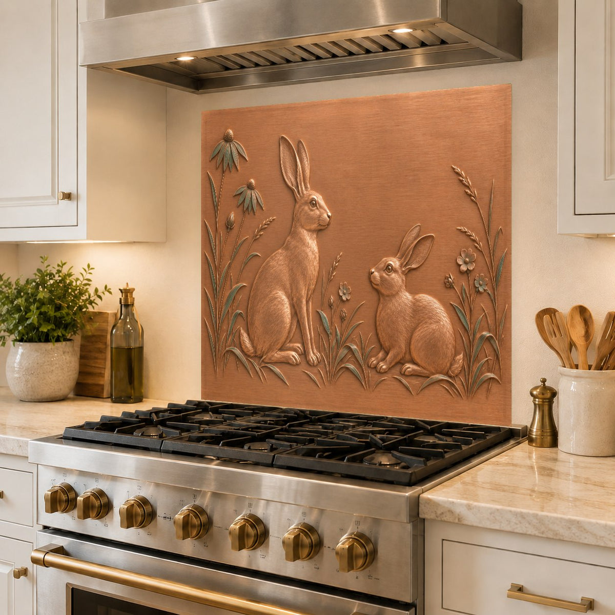 Meadow hares glass panel serving as kitchen island accent backsplash
