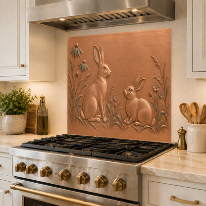 Meadow hares glass panel serving as kitchen island accent backsplash