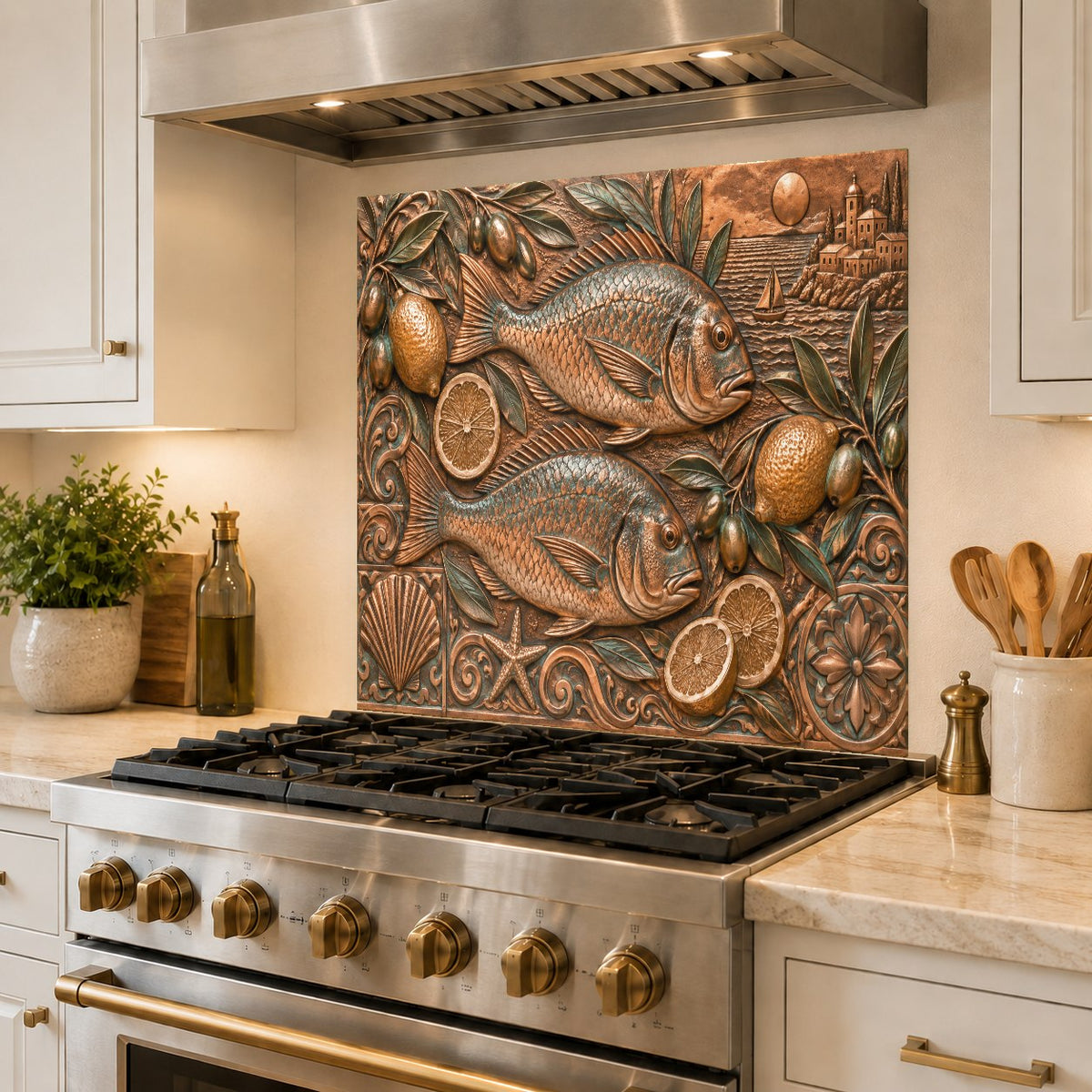 Modern kitchen island backdrop featuring Mediterranean Catch glass panel
