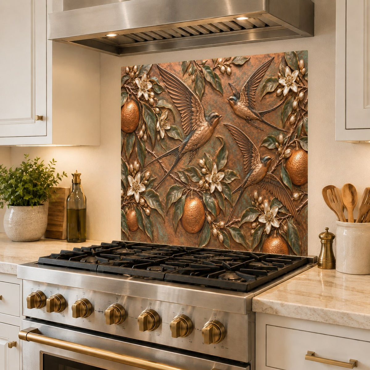 Heat-resistant Orange Swallows glass panel protecting kitchen wall behind electric cooktop